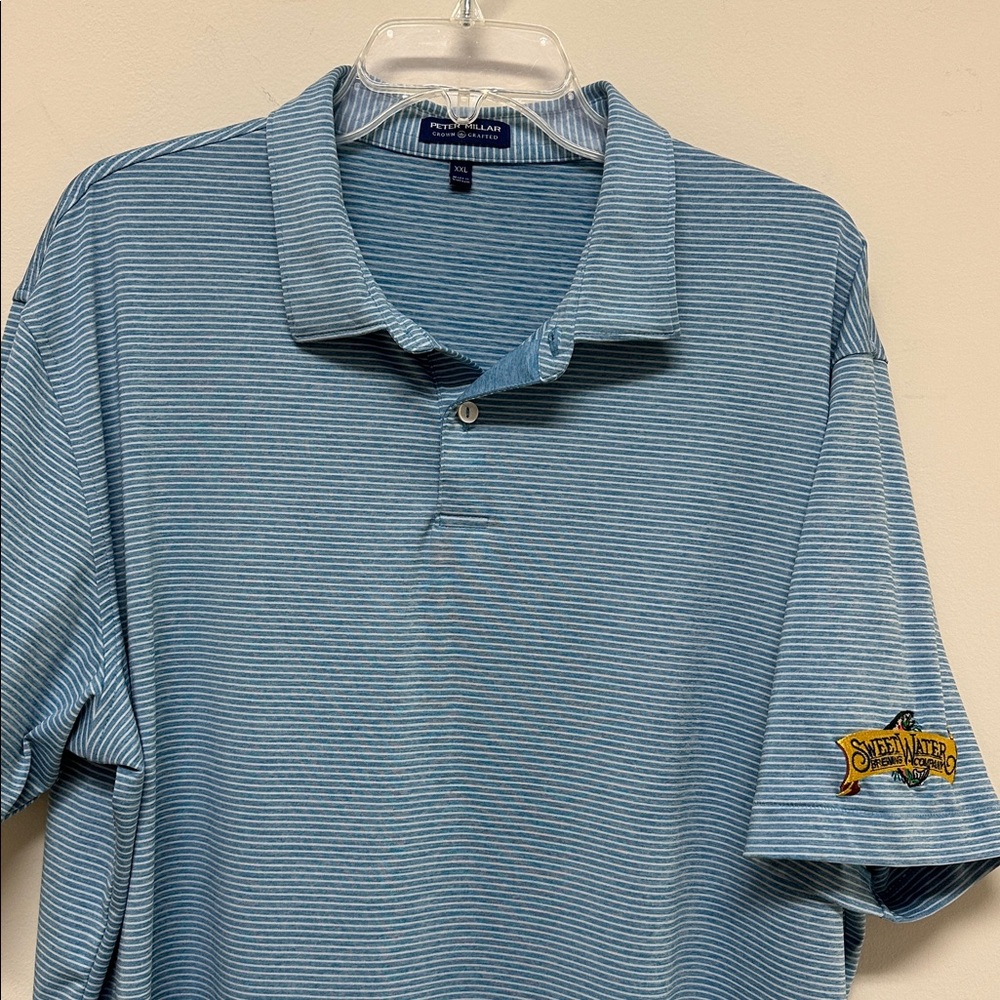 NWOT Peter Millar Blue & White Striped Polo Golf Shirt with Sweet Water logo XXL